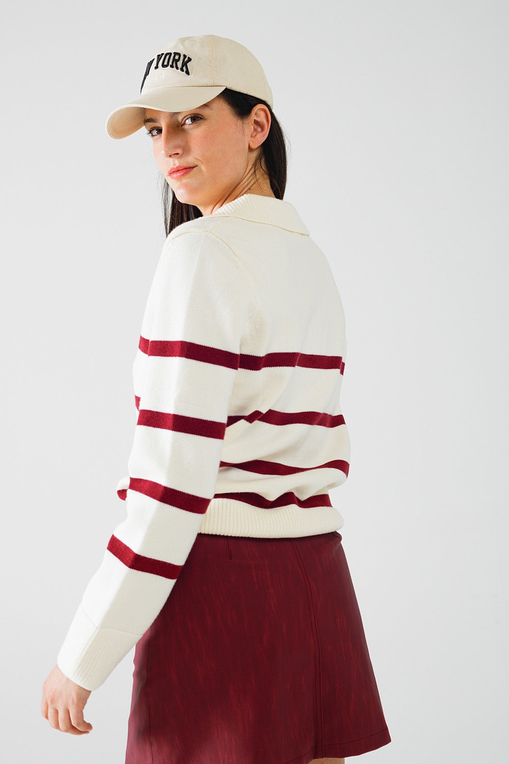 White Sweater with Dark Red Stripes and Wide V-Neck