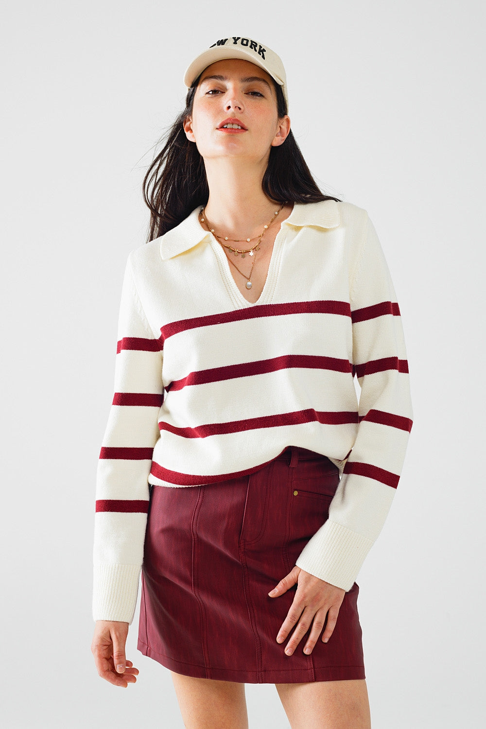 White Sweater with Dark Red Stripes and Wide V-Neck