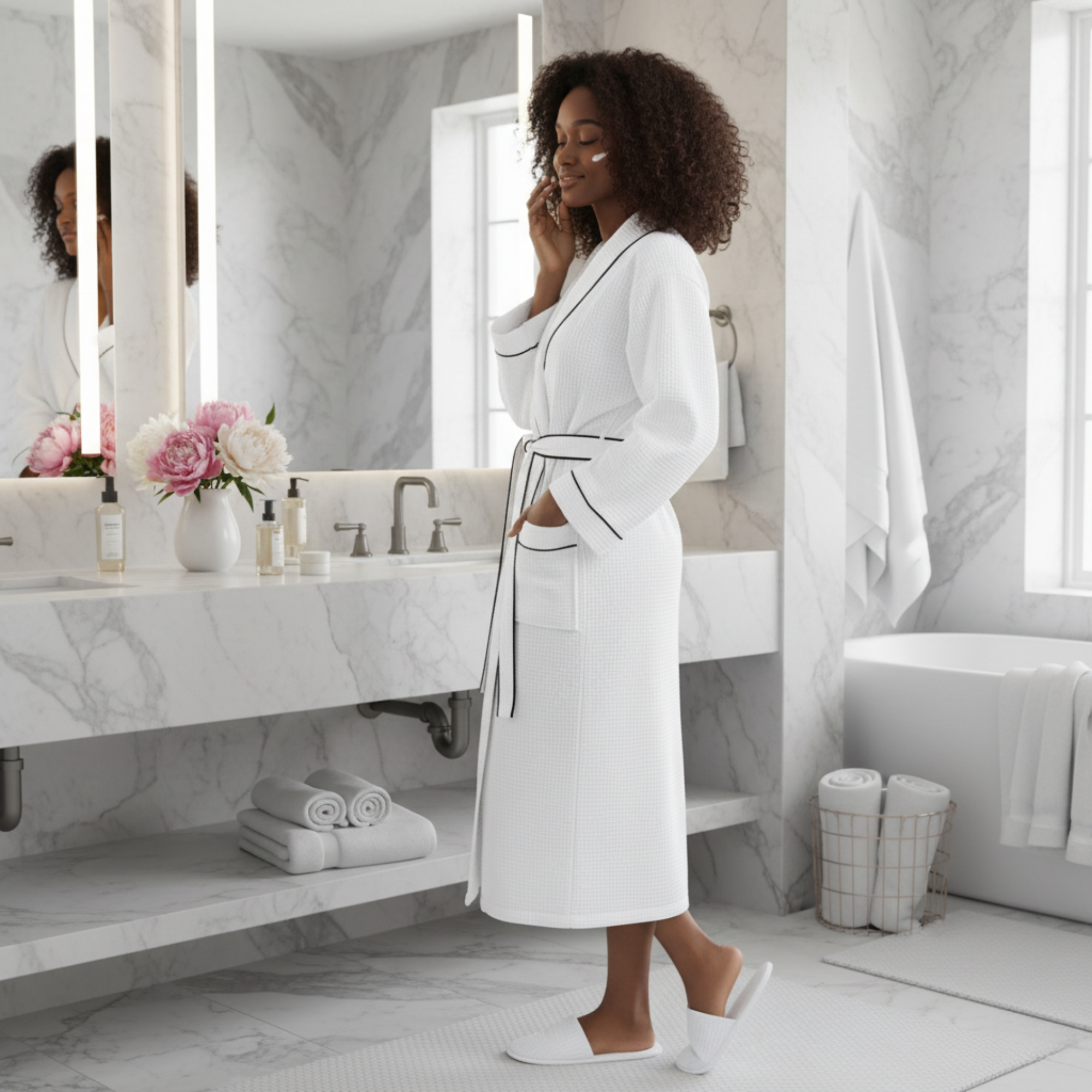 Women’s Waffle Piping Bathrobe Lightweight Spa-Style Comfort