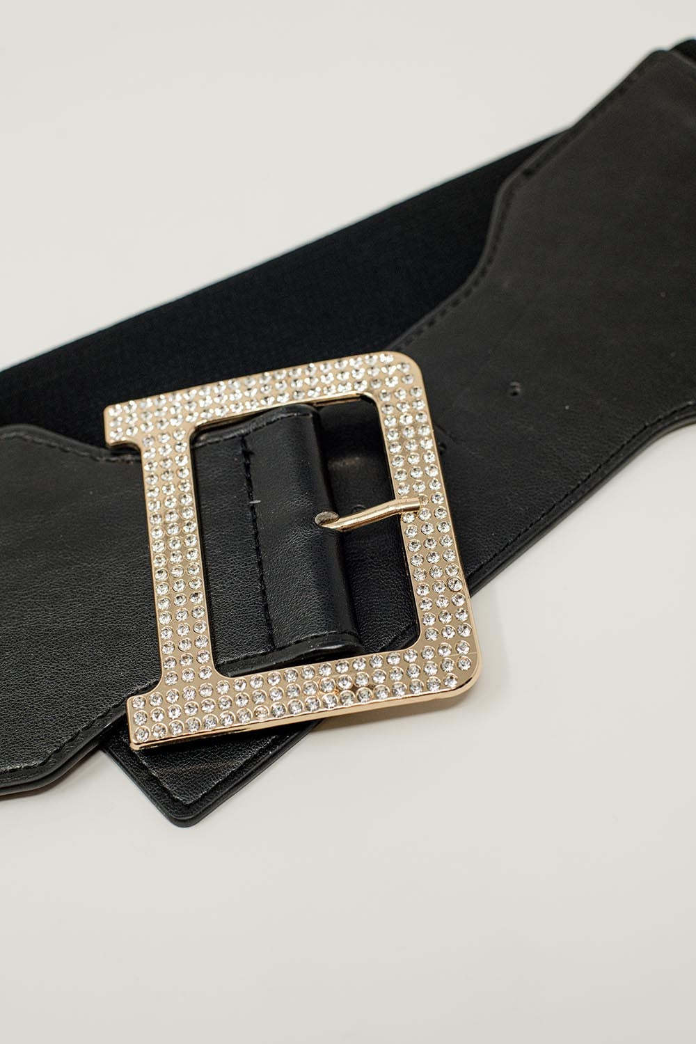 Wide Elastic Black Belt with Rhinestone Details