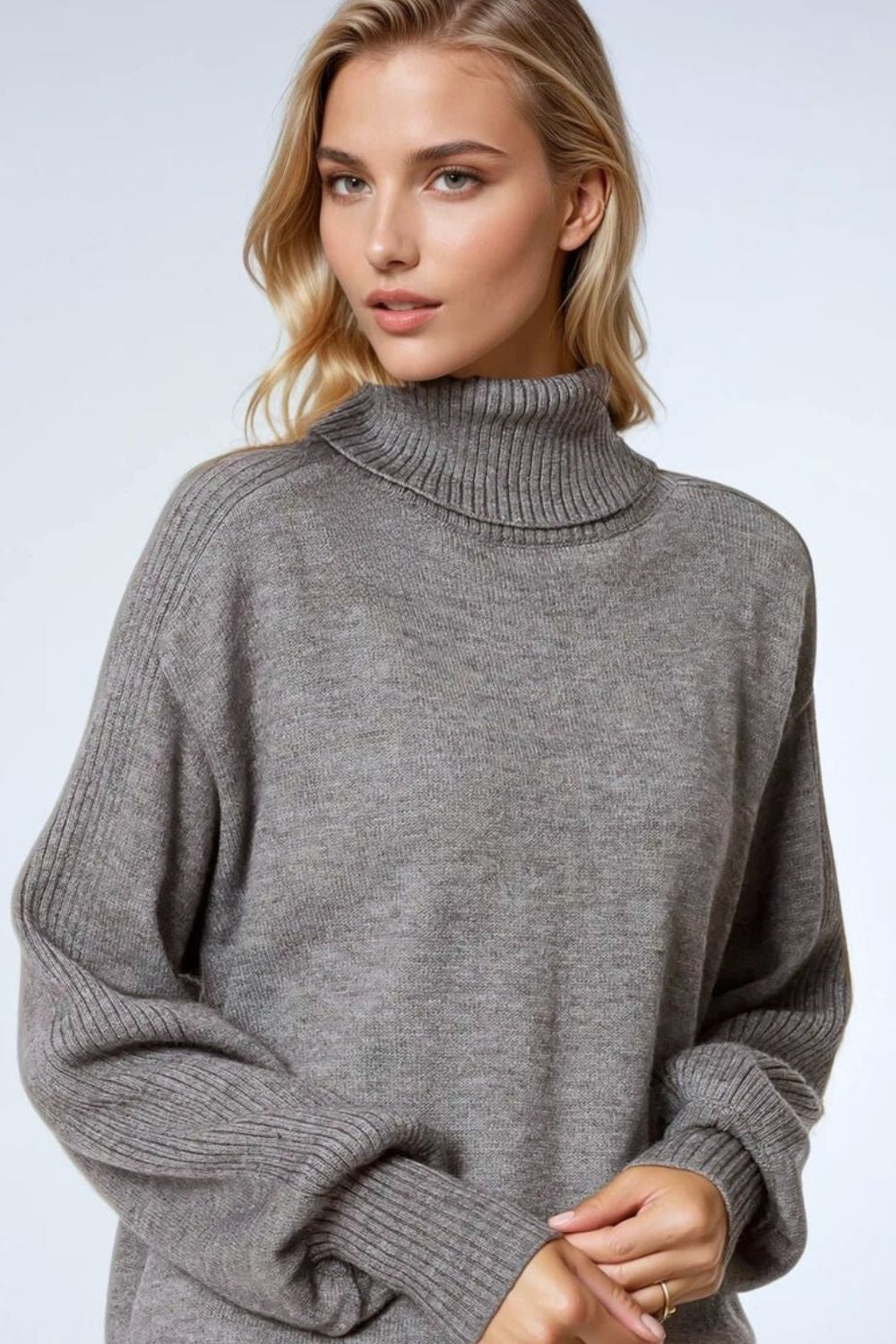 Wide Grey Sweater with Ribbed Sleeves