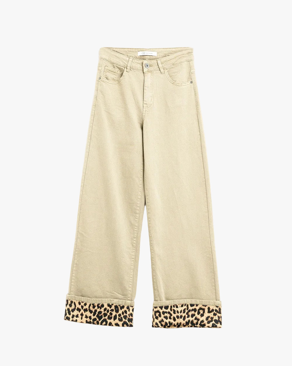 Wide Leg Beige Pants with Leopard Print at the Bottom