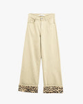 Wide Leg Beige Pants with Leopard Print at the Bottom