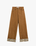 Wide Leg Camel Pants with Leopard Print at the Bottom