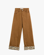 Wide Leg Camel Pants with Leopard Print at the Bottom