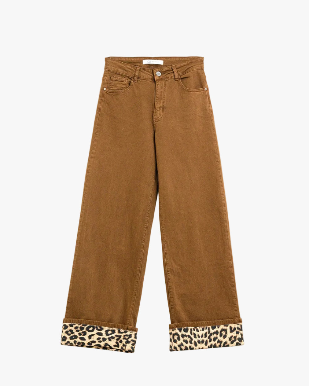 Wide Leg Camel Pants with Leopard Print at the Bottom