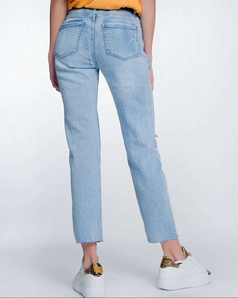 Wide Leg Cropped Raw Hem Jeans in Blue Colour