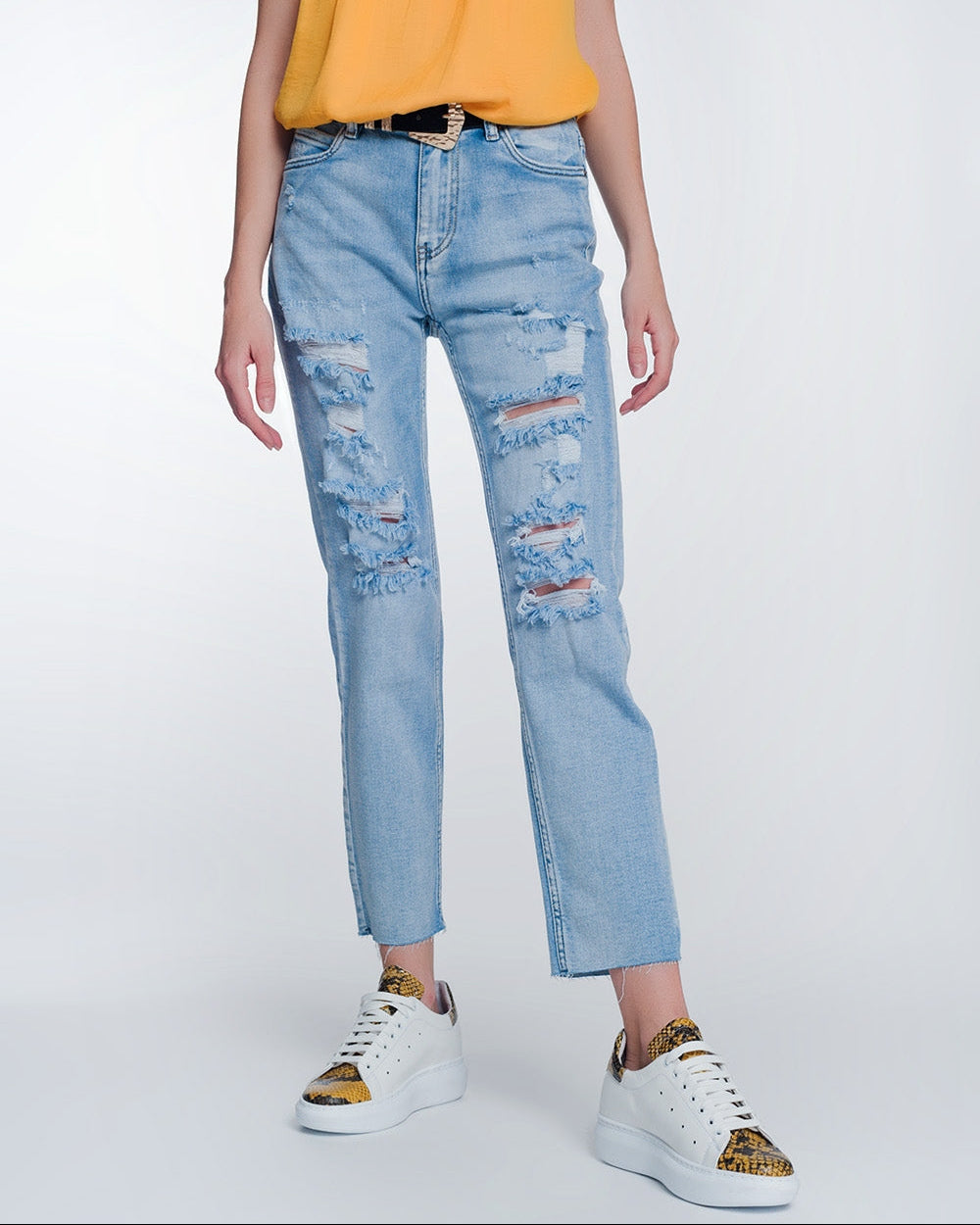 Wide Leg Cropped Raw Hem Jeans in Blue Colour