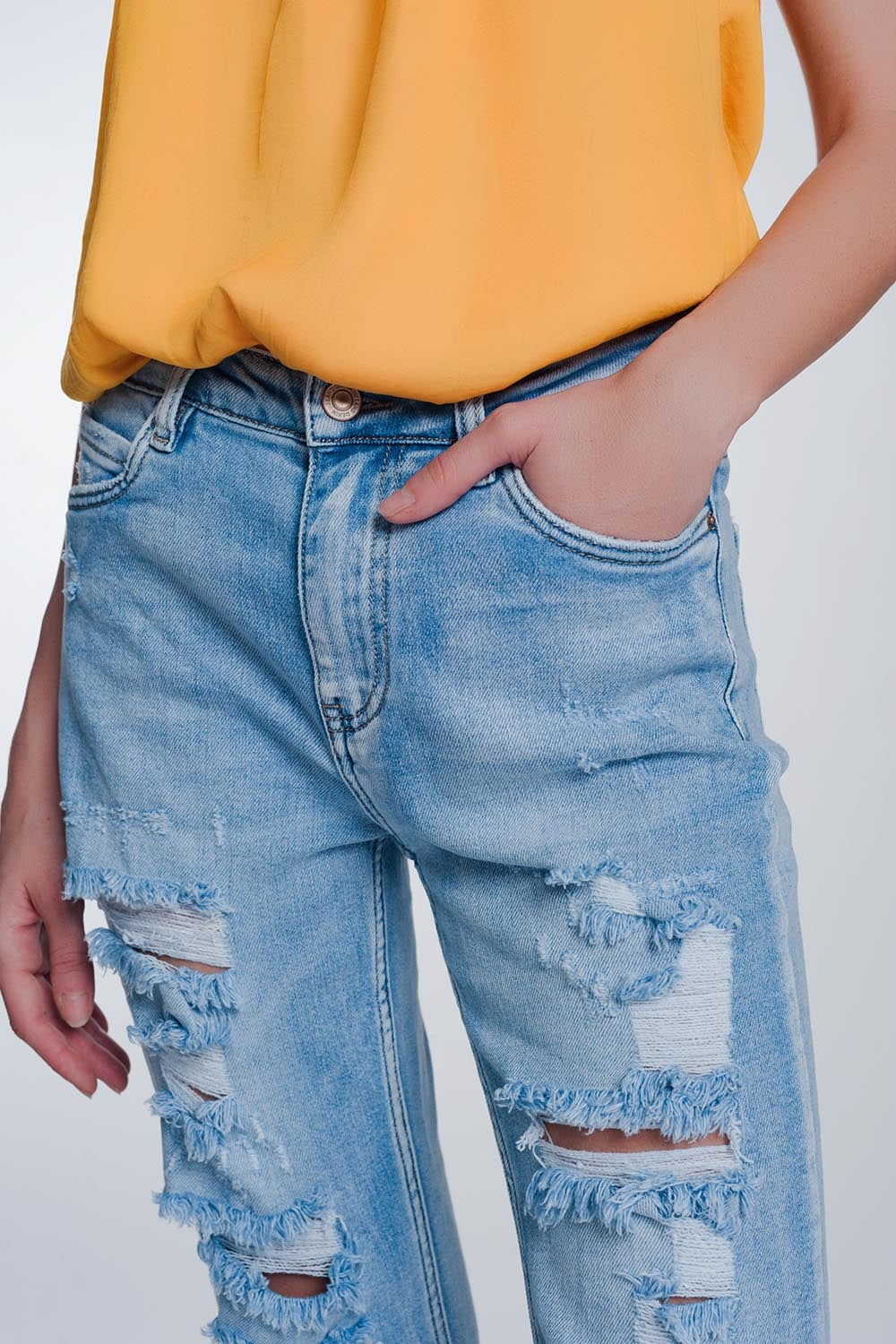Wide Leg Cropped Raw Hem Jeans in Blue Colour