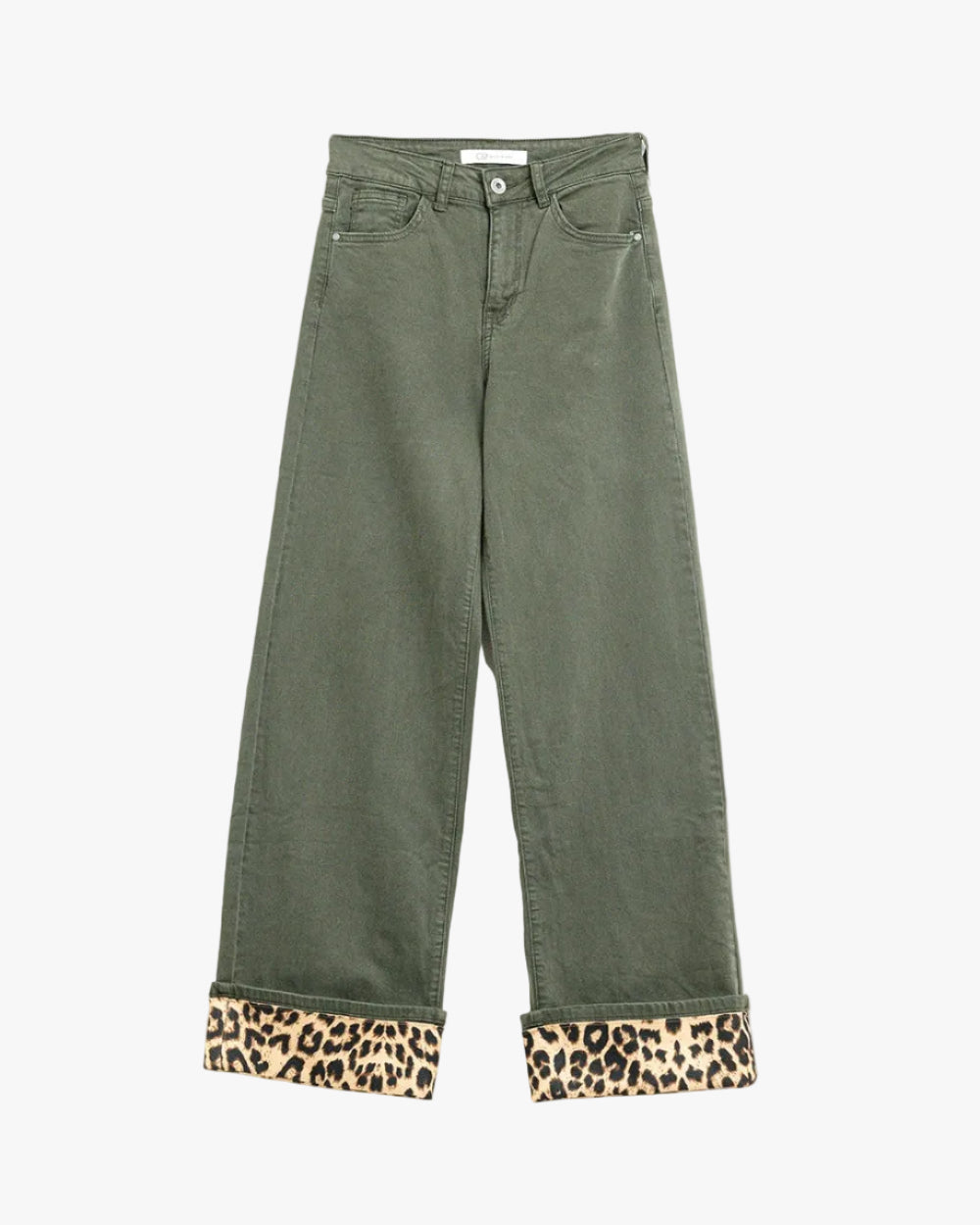 Wide Leg Military Green Pants with Leopard Print at the Bottom