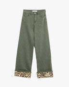 Wide Leg Military Green Pants with Leopard Print at the Bottom
