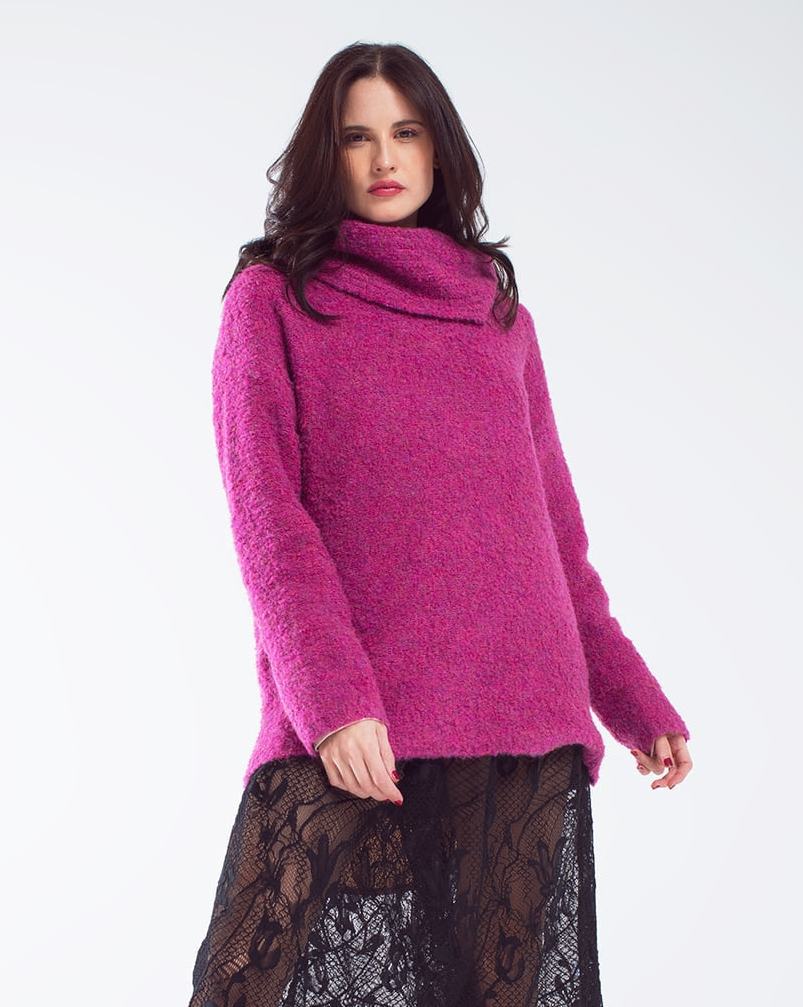 Wide Sweater with Bardot Neck in Magenta