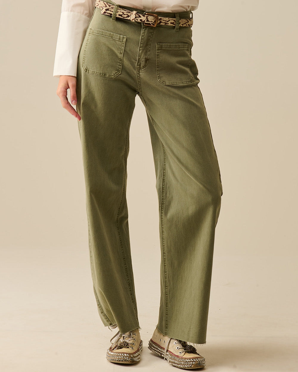 Wide Leg Pants with Front Pockets in Khaki