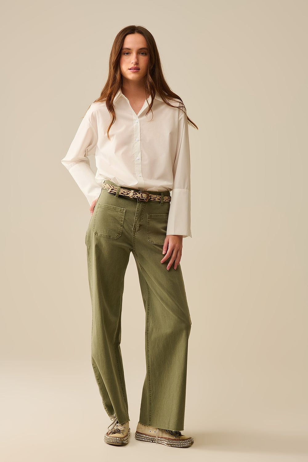 Wide Leg Pants with Front Pockets in Khaki