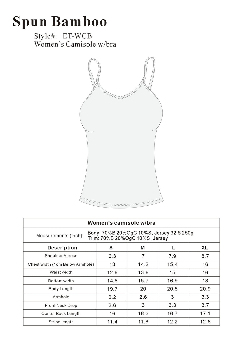 Women's Bamboo/Cotton Camisole with Shelf Bra