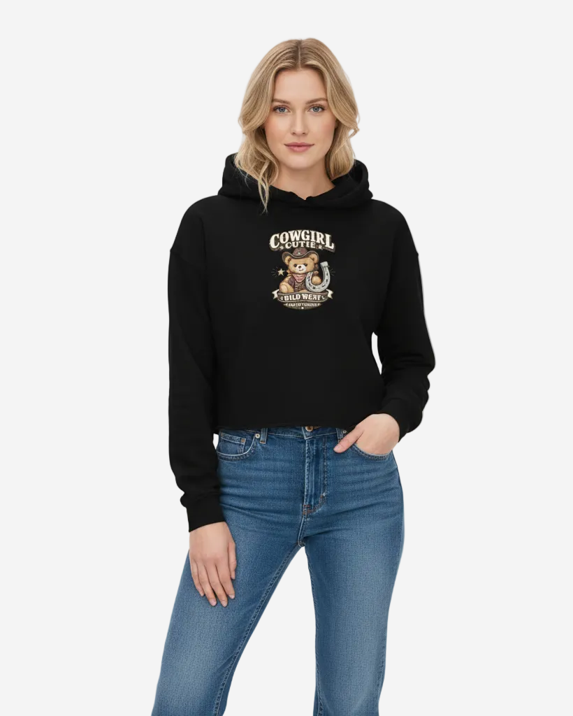 Black Crop Hoodie with Raw Hem and 'Cowgirl Cutie' Print | DH520B