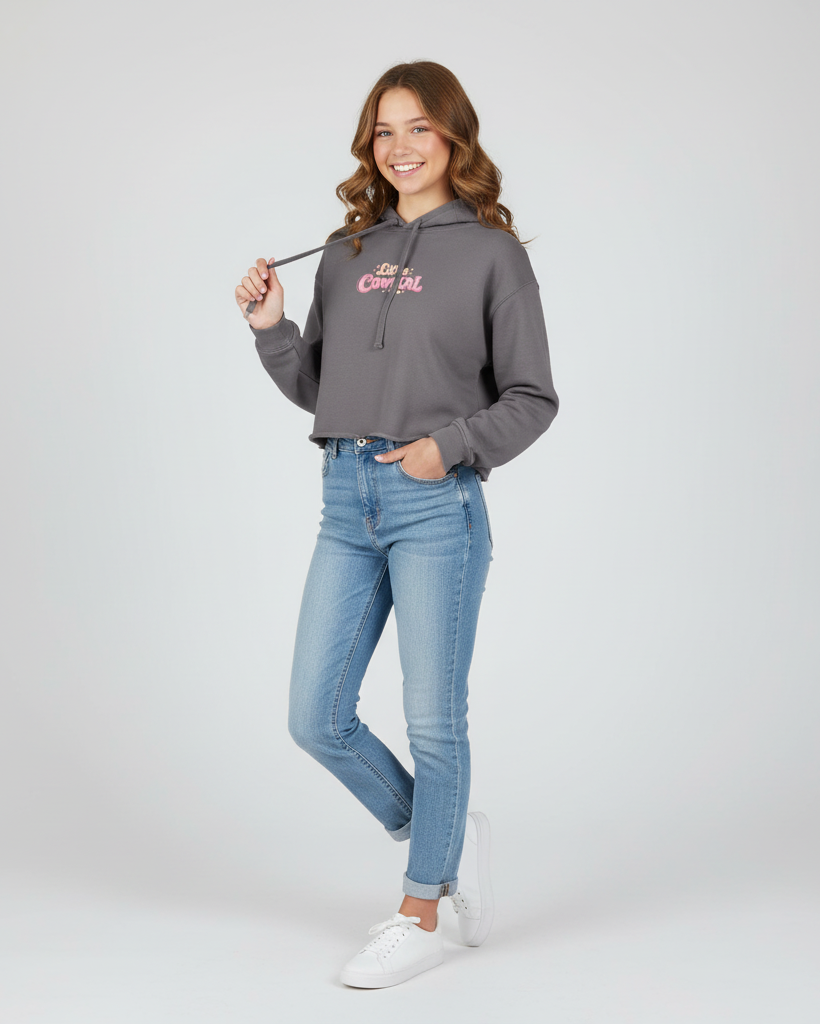Little Cowgirl Cropped Hoodie with Raw Hem in Storm Grey