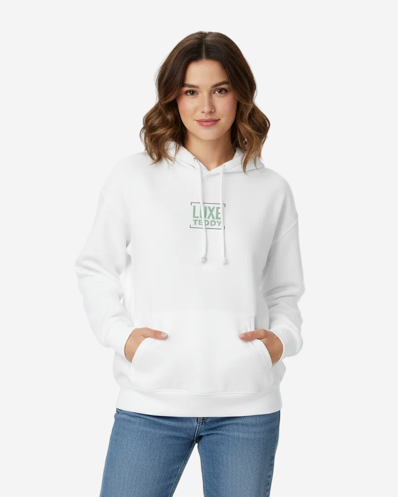 White Women’s Organic Hoodie with Modern 'Luxe Teddy' Chest Print