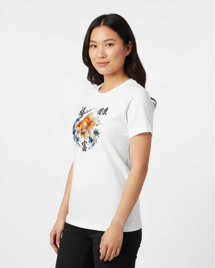 Women’s T-Shirt with Asian Style Goldfish and Chinese Inscription