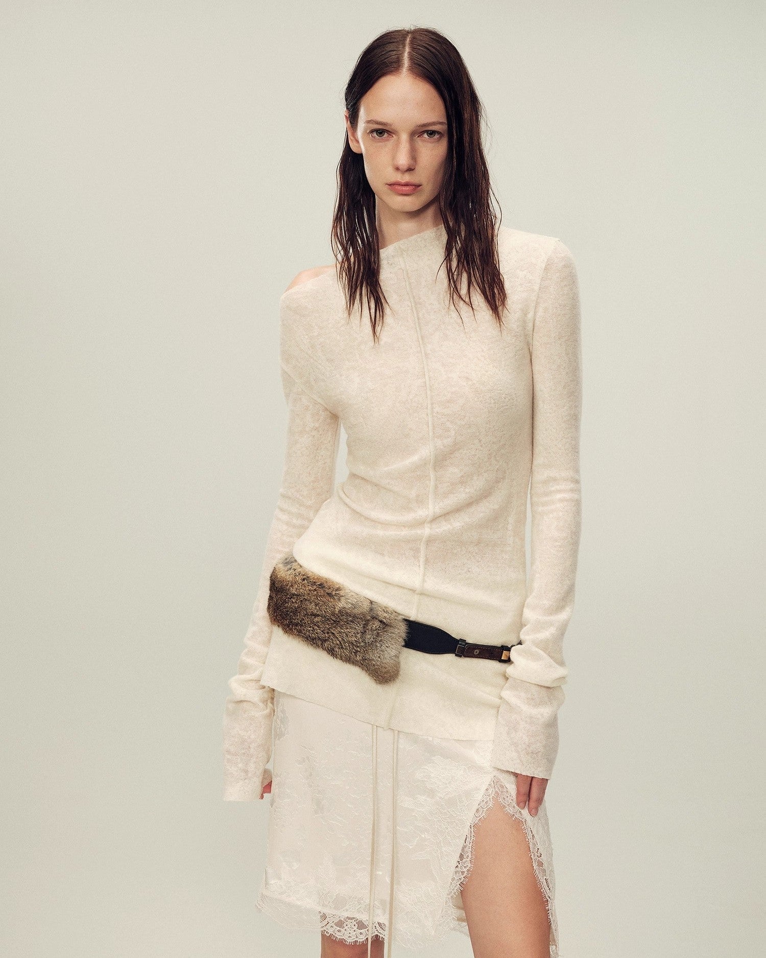 Wool Blend Texture Velvet Jacquard Shirt "Morning Mist White"