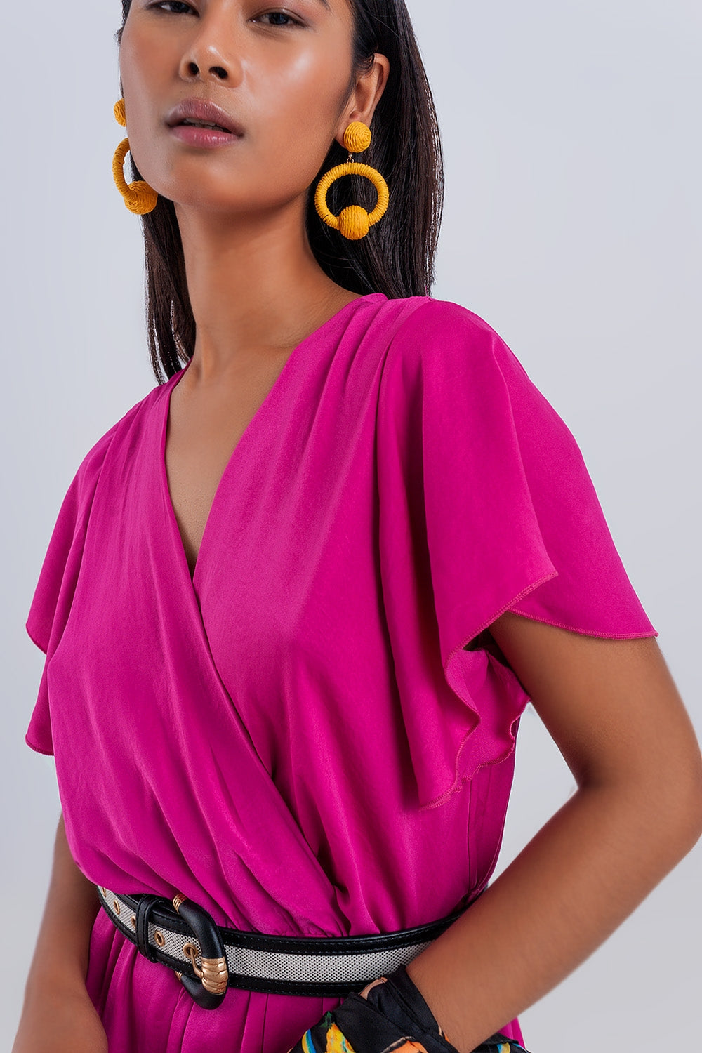 Wrap Front Frill Hem Jumpsuit with Belt  in Fuchsia