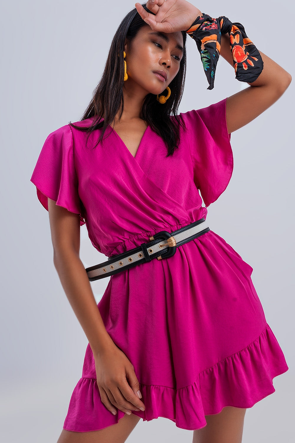 Wrap Front Frill Hem Jumpsuit with Belt  in Fuchsia