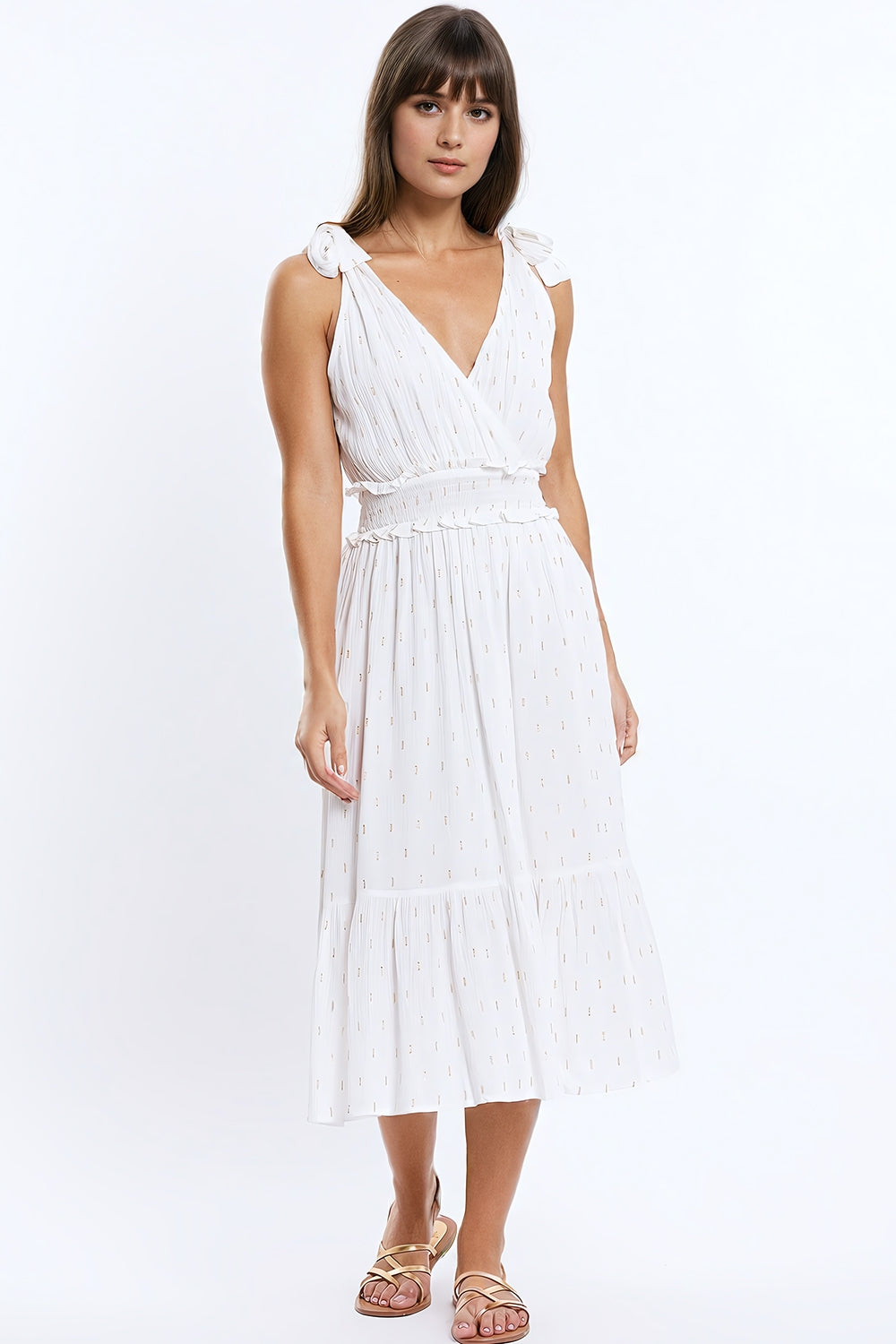 Wrapped White Midi Dress with Smock Detail at the Waist and Golden Polka Dots