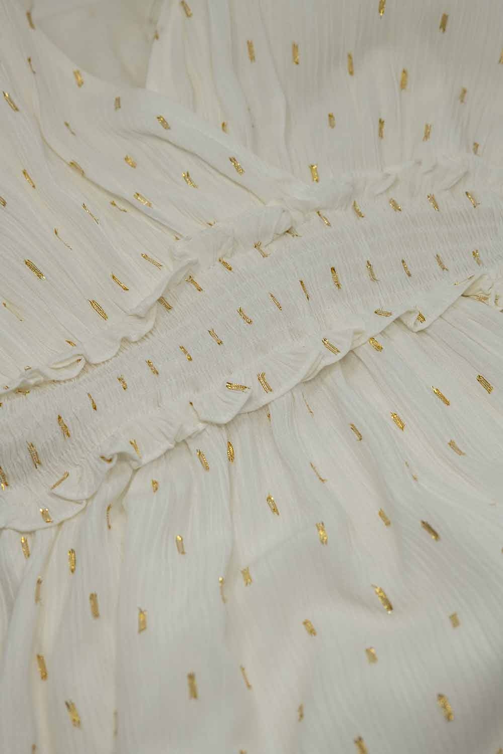 Wrapped White Midi Dress with Smock Detail at the Waist and Golden Polka Dots