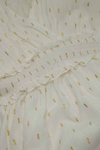 Wrapped White Midi Dress with Smock Detail at the Waist and Golden Polka Dots