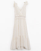 Wrapped White Midi Dress with Smock Detail at the Waist and Golden Polka Dots