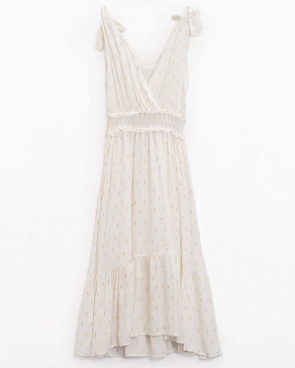 Wrapped White Midi Dress with Smock Detail at the Waist and Golden Polka Dots