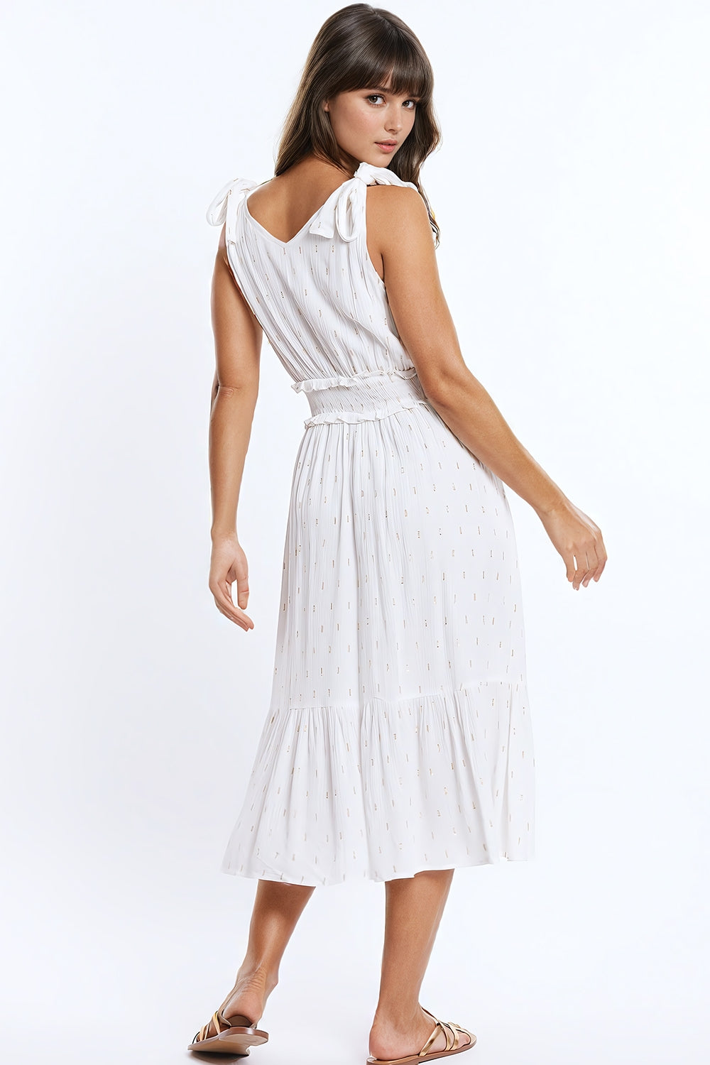 Wrapped White Midi Dress with Smock Detail at the Waist and Golden Polka Dots