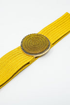Yellow Woven Belt with Round Buckle and Rhinestones