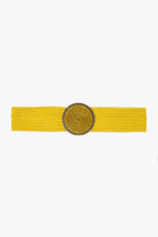 Yellow Woven Belt with Round Buckle and Rhinestones
