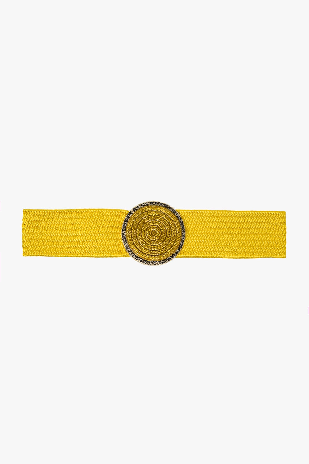 Yellow Woven Belt with Round Buckle and Rhinestones