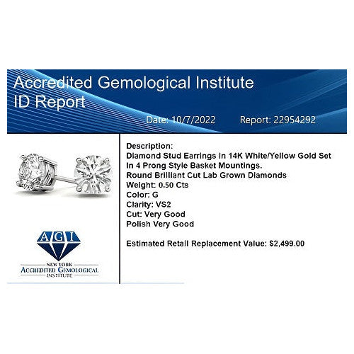 0.50 CTW Lab Diamond (G-VS) Stud Earrings in 14K Gold