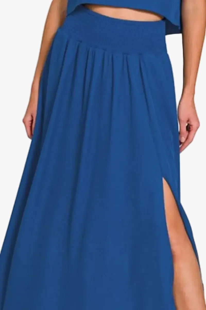 Woven Crop Top & Skirt Two-Piece Outfit Set | Blue