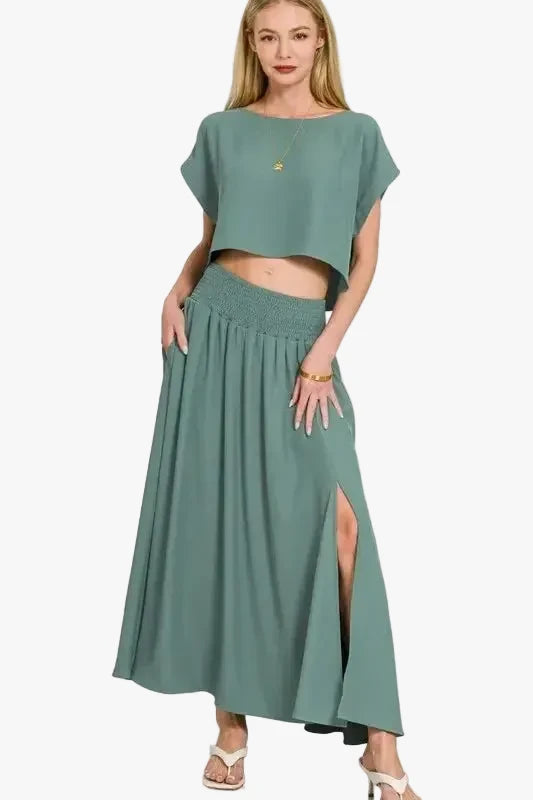 Woven Crop Top & Shorts Casual Two-Piece Outfit Set | Jade