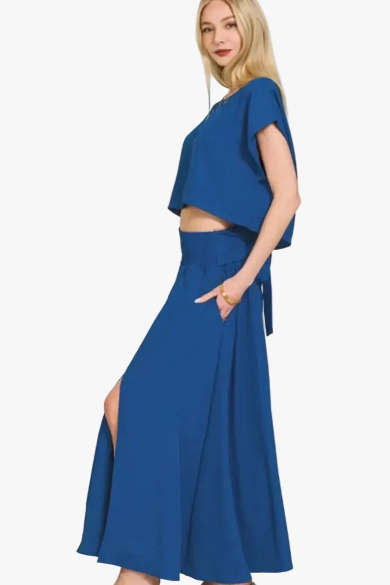 Woven Crop Top & Skirt Two-Piece Outfit Set | Blue