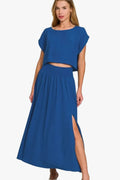Woven Crop Top & Skirt Two-Piece Outfit Set | Blue