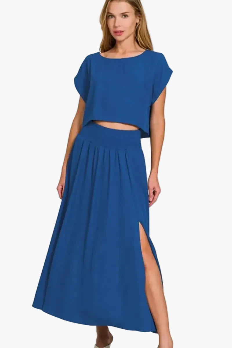 Woven Crop Top & Skirt Two-Piece Outfit Set | Blue